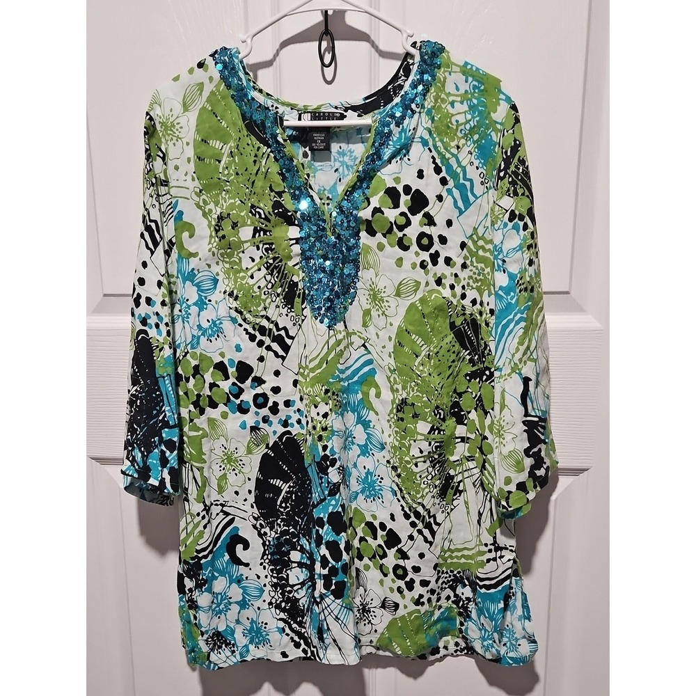 Carole Little Blue & Green Sequin V-Neck Tunic